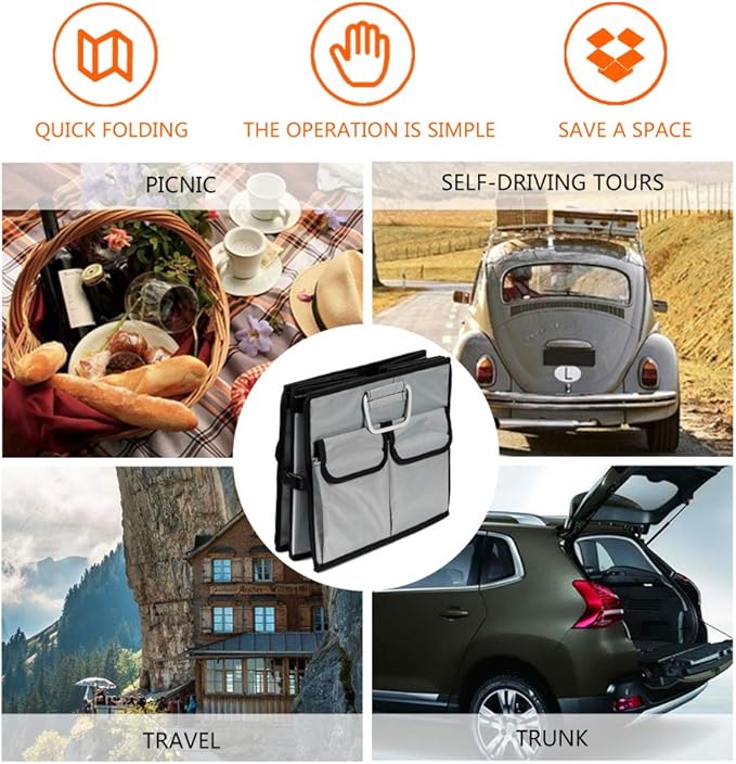 Car Trunk Organizer Collapsible Portable Multi Compartments Organizer with Non Slip Straps for SUV Truck Auto Vehicle Car Auto Minivan (Large without cover, Space gray)