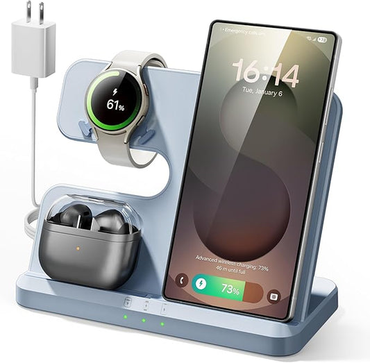 Wireless Charging Station for Samsung, 3 in 1 Charging Dock for Galaxy S25 Ultra/S24/S23/Z Fold, Phone and Watch Charger for Samsung Watch Galaxy 8/7/6/5, Galaxy Buds 3/2/Pro