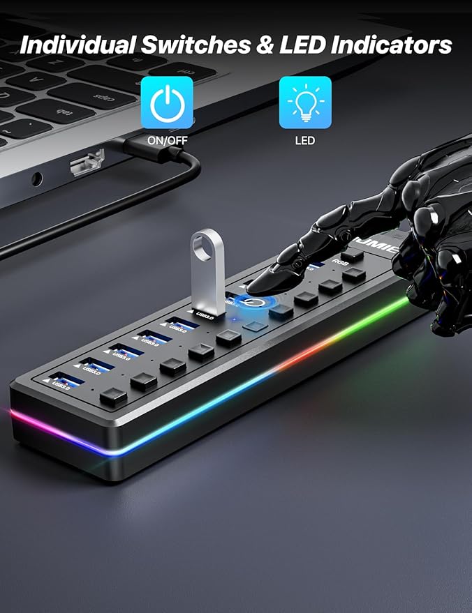 Powered USB Hub, 10-Port USB 3.0 Hub with RGB LED Strip -5Gbps Data Transfer,Individual LED On/Off Switches and 12V/2A Power Adapter for Laptop, PC, Mouse, Keyboard, Hard Drive or More USB Devices.