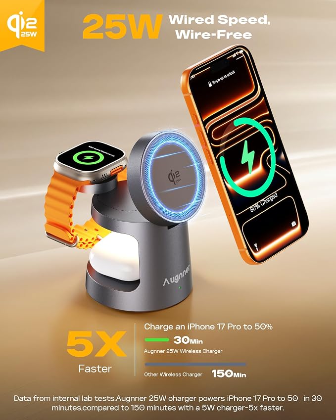 Qi2.2 25W 3 in 1 Charging Station for Apple Compatible with MagSafe Foldable Wireless Charger, Magnetic Charger with Night Light for iPhone 17/16/15/14/13/12, Apple Watch & AirPods(45W Adapter)