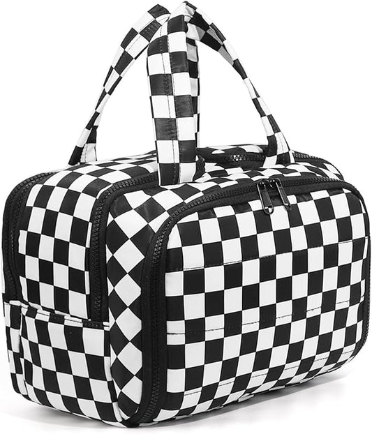 LETGO Travel Toiletry Bag, Spacious Black White Checkered Toiletry Bag for Women,Large Toiletry Bags for Traveling,Travel Makeup Bag Organizer for Accessories,Toiletries (Black and White Checkered)