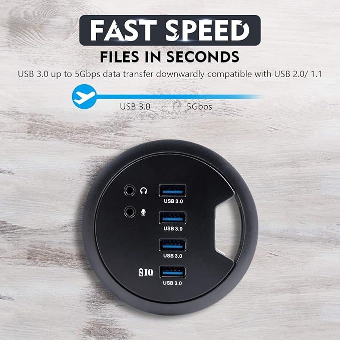 WDX Desk-Fit (Diameter 3.14" or 80MM) 4 Port USB 3.0 Hub with 3.5mm Audio Mic Phone Jack/BC 1.2 USB Charger, 5V/2A Power Adapter for iPhone/Smart Phones(usb3.0 4 Port)(AC Power Supply Included)