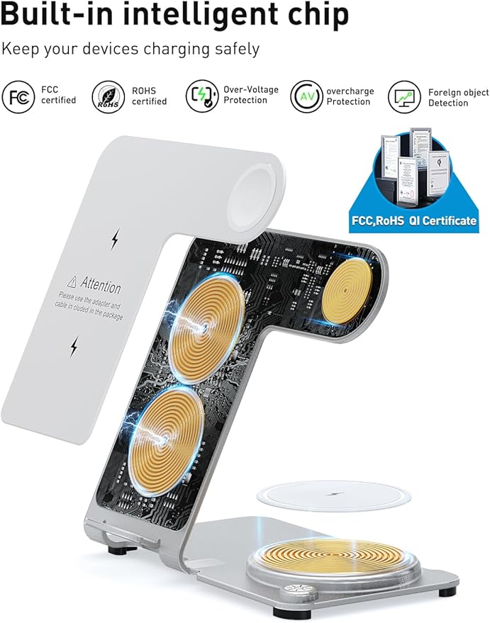 3 in 1 Charging Station for Multiple Devices Apple - Aluminum Alloy Fast Wireless Charger Stand Dock for iPhone 15/14/13/12/11/Pro/Max/XS/XR/X/Plus,for Apple Watch AirPods Desk Beside White
