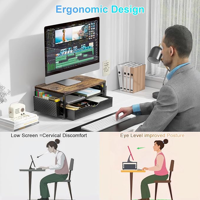 gianotter 4-Tier Paper Letter Tray + Monitor Stand with Storage (Black)