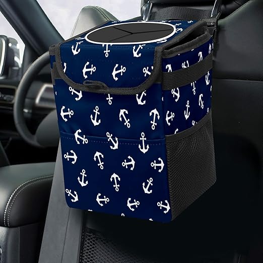 Car Trash Can Nautical Anchor Navy Blue Auto Garbage Bag Car Trash Can with Lid Leak-Proof Car Storage Bag Auto Garbage Bag Hanging for Headrest Collapsible and Portable with Storage Mesh Pocket