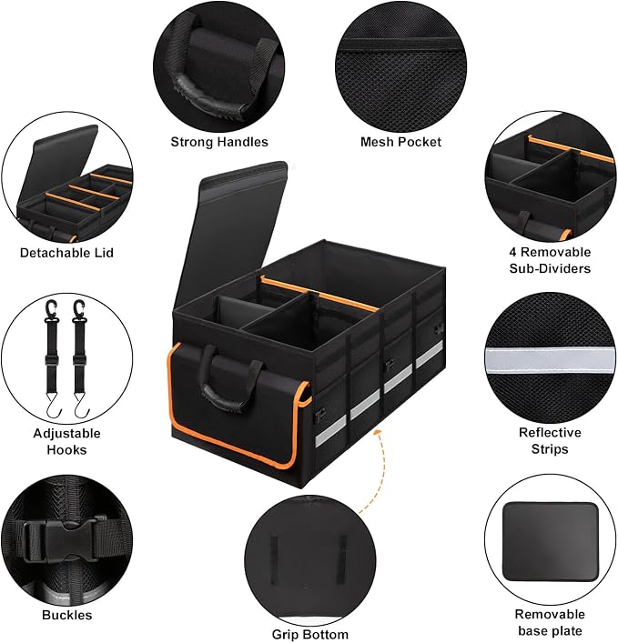 GDNasist Car Trunk Organizer and Storage with Lid, Car Accessories for Women Men 2 Removable Dividers for Custom Space, Collapsible Trunk Organizers Interior for SUV & Sedan