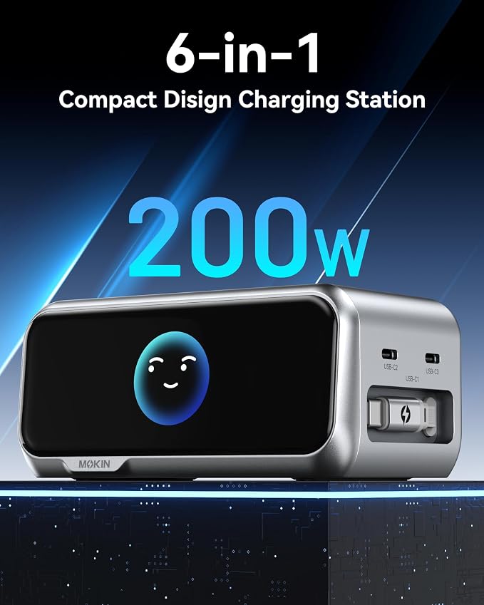 MOKiN Desktop Charging Station, 200W 6-Port Retractable USB C Charging Station for Multiple Devices, Office Desk Accessories GaN Charger for iPhone, iPad, MacBook, Galaxy, Dell and More