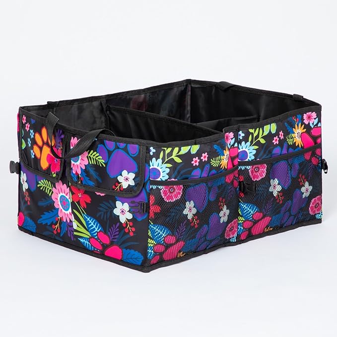 GreaterGood Collapsible Paw Print Car Trunk Organizer with 6 Pockets Truck SUV and Sedan Caddy With Compartment Vehicle Storage Container (Garden of Paws)