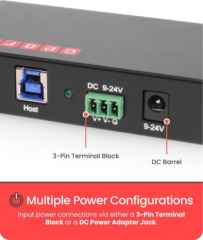 Gearmo 4 Port USB 3.0 Hub w/ESD and Surge Protection, Wall and Desk Mount Ready USB-A Hub, Includes 12V/2A Power Adapter and Terminal Block for Versatile Power Input