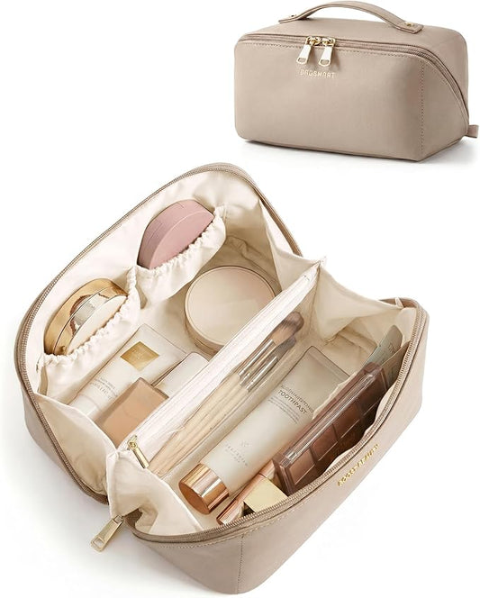 BAGSMART Makeup Bag Travel Cosmetic Bag, Large Make Up Bag Flat Open Toiletry Bag for Women, Waterproof PU Leather Travel Essentials Organizer Case, Wide-open Pouch Purse for Skincare, Brushes, Camel