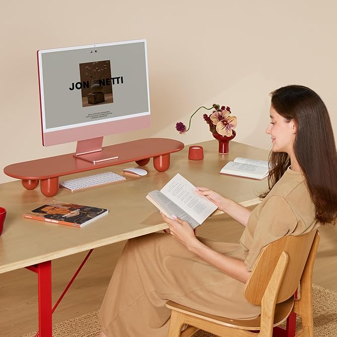 Fenge Monitor Riser, 34 Inch Dual Monitor Stand for Large Monitors, Desk Organizer with Wooden Shelf & Solid Wood Legs, Computer Stand for Laptop, TV, PC, Printer, Red