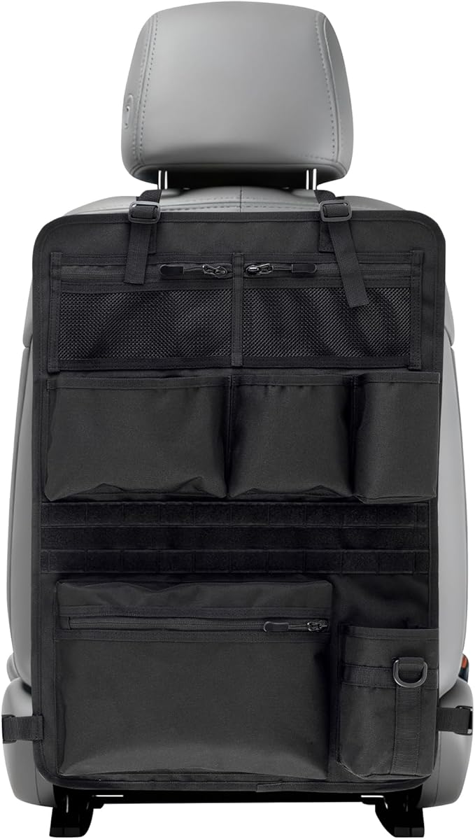 Backseat Car Organizer,Tactical Car Seat Back Organizer, Kick Mats Back Seat Protector with Three Zippered Storage pockets, Travel Accessories with 8 Storage Pockets And DIY zone (Black)