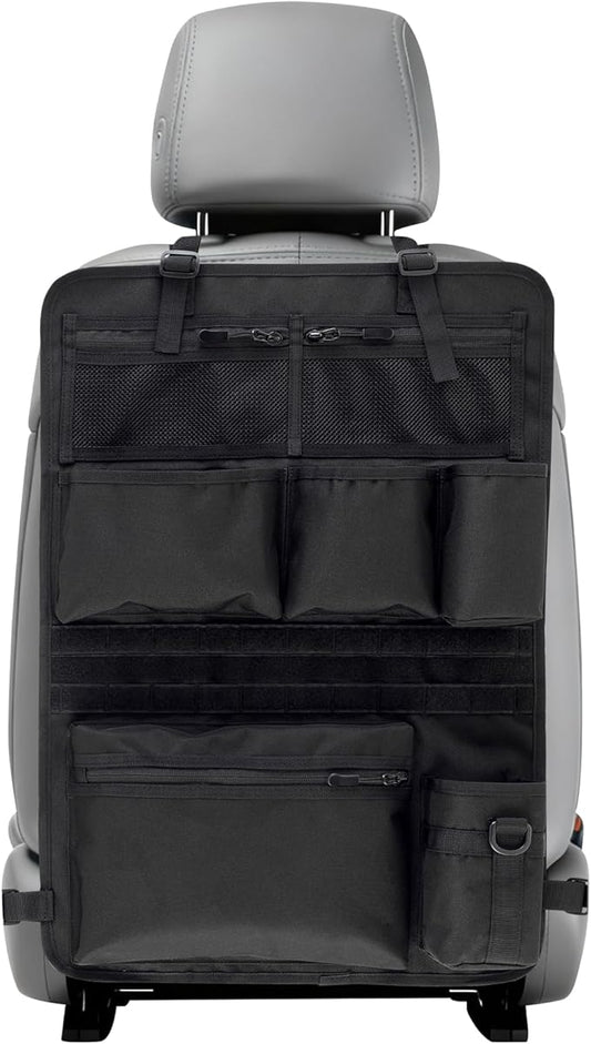 Backseat Car Organizer,Tactical Car Seat Back Organizer, Kick Mats Back Seat Protector with Three Zippered Storage pockets, Travel Accessories with 8 Storage Pockets And DIY zone (Black)