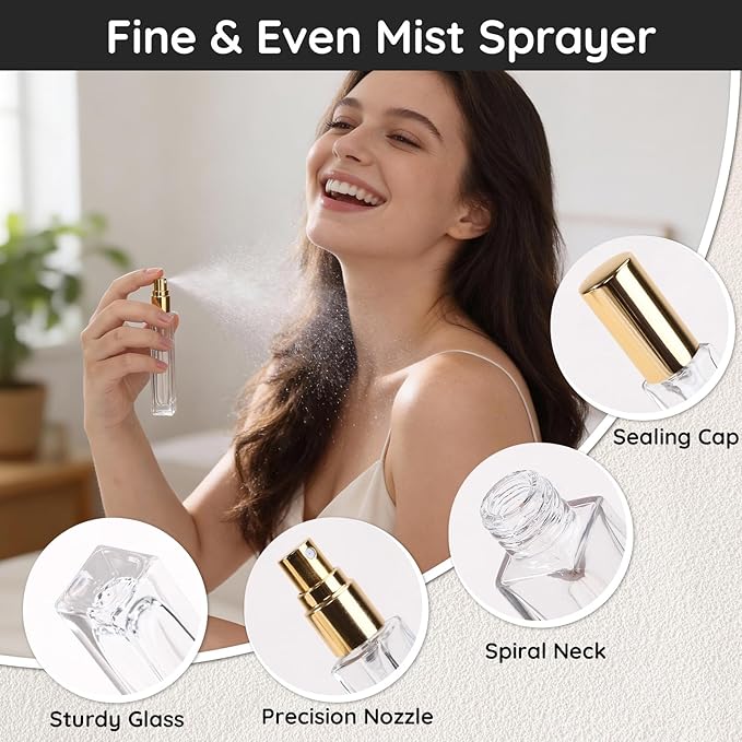 Segbeauty 0.34oz Clear Glass Perfume Atomizer for Travel Refillable Bottle, 5pcs Fine Mist Cologne Spray Bottles with Gold Cap, 10ml Empty Perfume Sprayer with Refill Kit, Small Liquid Containers