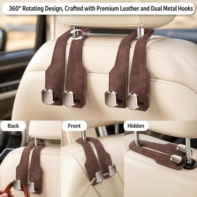 4Pcs Car Headrest Hooks with Premium Leather, Upgraded Double Metal Hooks with Anti-Drop Design, Universal Back Seat Hanger for Bags, Coats, Purses and Groceries (Stylish Brown)