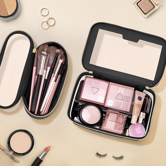 Soimeat Travel Clear Makeup Bag with Makeup Brush Bag, Leather Makeup Case Toiletry Bag, Portable Cosmetic Bag Case, Transparent Waterproof Cosmetic Organizer Storage Bag for Women, Medium, Black
