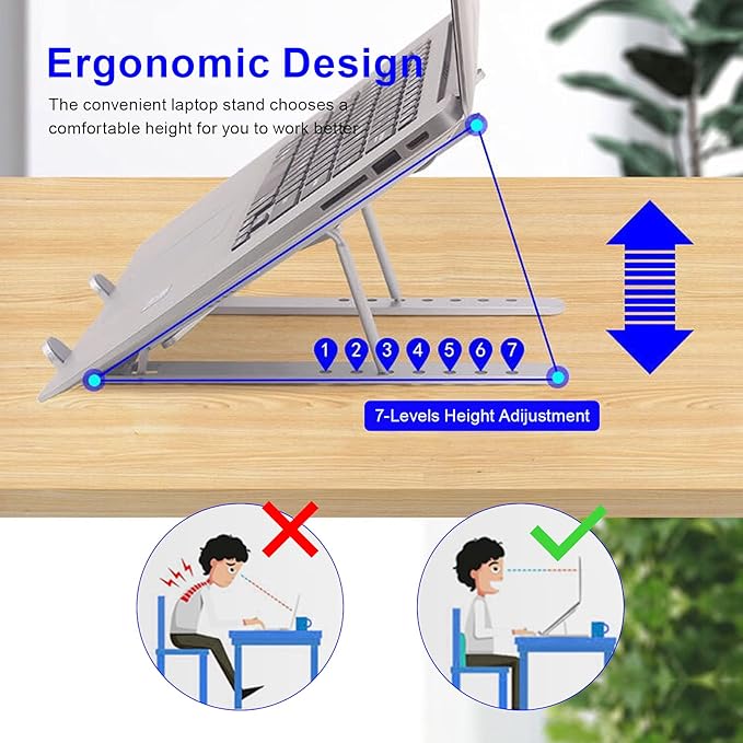 Laptop Stand - Adjustable Ergonomic Aluminum Stand, 7 Angle Anti-Slip, Compatible with 9-15.6 inch Laptops, Silver
