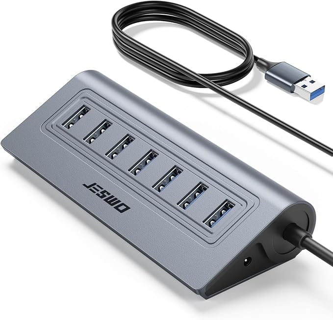 USB Hub 3.0, JESWO Aluminum 7 Port USB 3.0 Hub with 3.3Ft Cable, USB Splitter with 7-USB3.0 Data Ports Compatible with MacBook, Laptop,Surface Pro, PS5, PC and More (No Power Adapter Included)