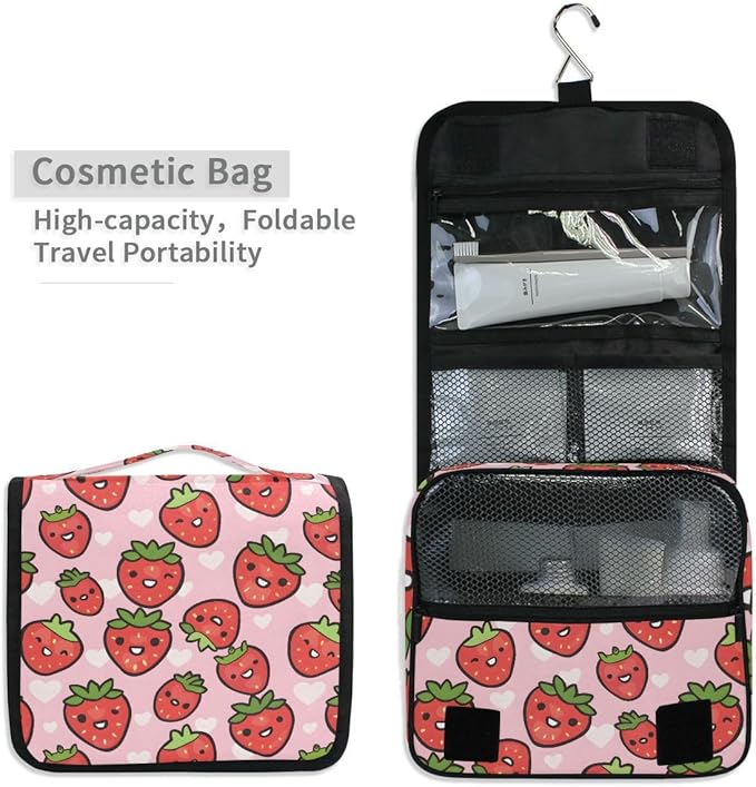 senya Hanging Travel Toiletry Bag Cute Kit Makeup Case Cosmetics Organizer for Men Women (Cute Strawberry Girly)