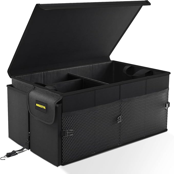 MIKKUPPA Car Trunk Organizer - 75L Collapsible Trunk Organizer with Lid, Sturdy Car Storage for SUV Auto Truck Van with Adjustable Straps and Non Slip Bottom (Black)