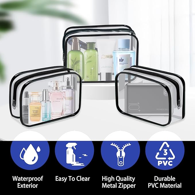YedsIntu 16 Pieces Clear Cosmetic Bags PVC Clear Makeup Bags TSA Approved Toiletry Bag with Zipper Waterproof Vinyl Plastic Organizer Storage Transparent Pouch for Women and Men (Black, Small)