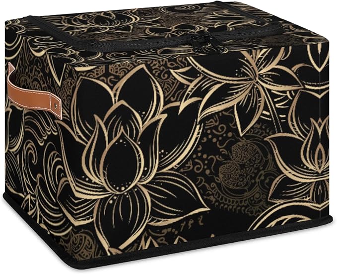 Storage Bins With Zipper Lid, Collapsible Trunk Organizer, Car Organizers and Storage Bins with Lids, Decorative Storage Boxes with Handle, Home Storage Baskets For Organizing (Golden Lotus)