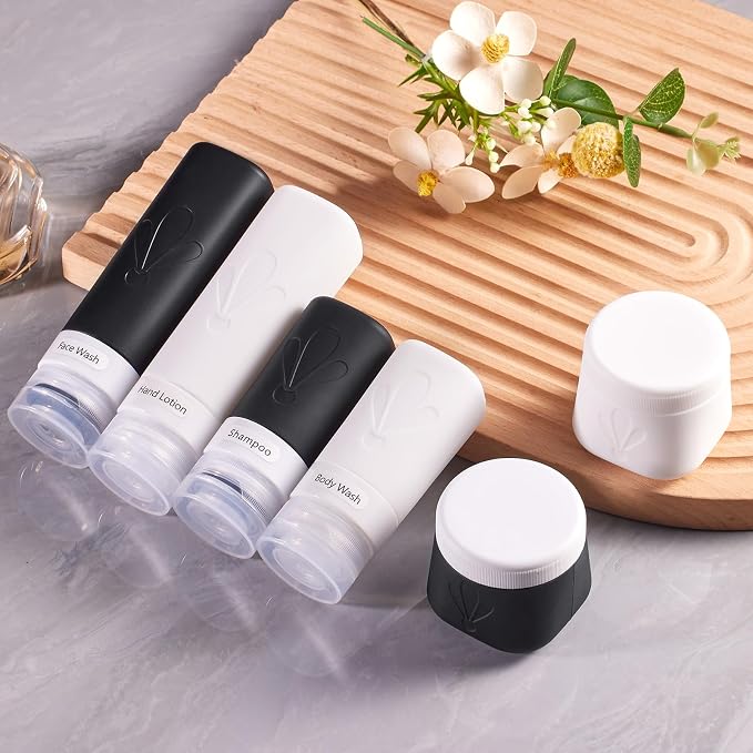 INSFIT travel bottles for toiletries 6 Pack, Leak proof Travel Size Toiletries Containers with toiletry bag, Squeezable Silicone Bottles & Cream Jars, Travel Essentials BPA-Free set for Shampoo