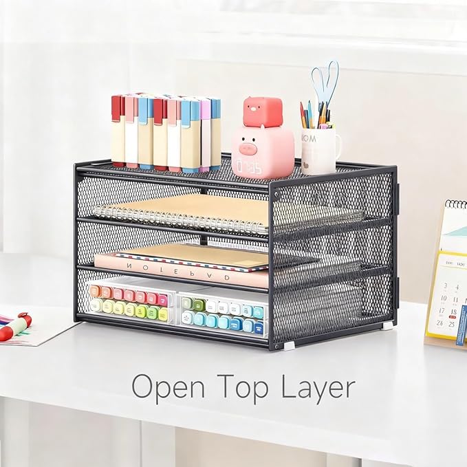 Lavatino 3-Tier Letter Tray Desk Organizer – Grey Mesh Metal Paper File Tray Organizer for Desk, Office Supplies & Home Organization | Fits A4/Letter Paper, Mail, Magazines and Office Accessories