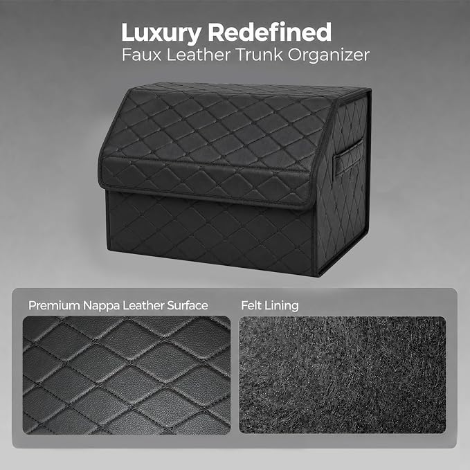 Leather Car Trunk Organizer with Lid,65L Foldable Storage Box for Universal Cars, SUVs, Sedans and MPVs, Removable Divider, Carry Handles, Black