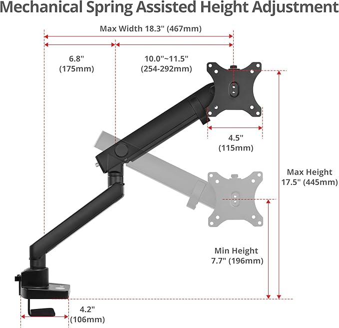 SIIG Aluminum Mechanical Single Monitor Arm Mount - Height Adjustable Desk Mount for 17in to 32in Screens - 17.6lbs Max VESA 75x75mm 100x100mm, Black