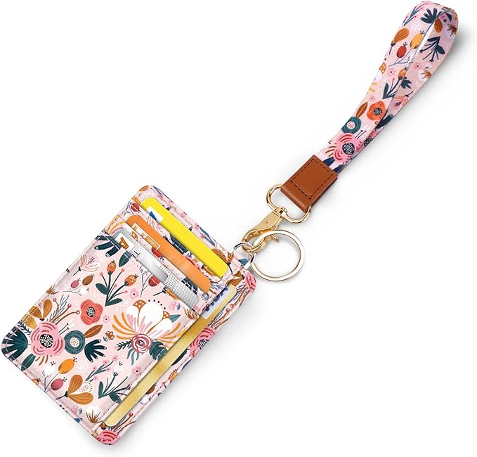 Coco Rossi Slim Front Pocket Wallet RFID ID Card Holder Cute Small Wallet with Wrist Lanyards Key Chain Holder for Women,Pink Flowers