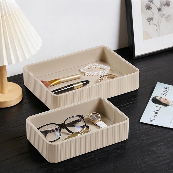 Desk Organizer Tray, PU Leather Nightstand Organizer Perfume Valet Tray for Men Women, Decorative Vanity Trays Trinket Dish Key Bowl for Entryway Table (2pcs, Beige, Large+Small)