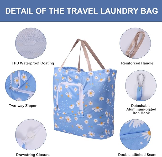 2 Pack Travel Laundry Bag with Handle and Drawstring, Expandable Foldable Dirty Clothes Bags with Hook and Zipper, 23*20 inch, Cartoon 2 Blue + Pink