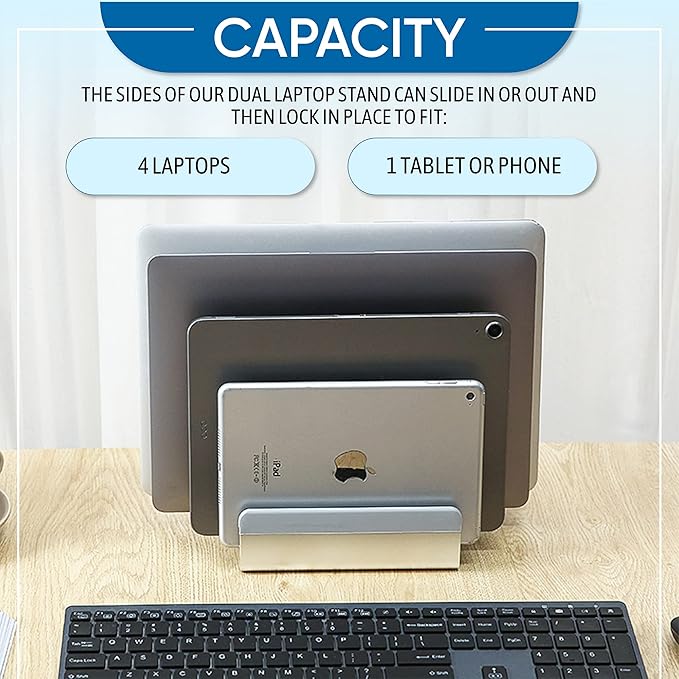 Elestoria 5- Slot Vertical Laptop Stand - Aluminum Laptop Stand Vertical for Desk - Adjustable Width (12-38mm) Fits MacBook Pro/Air, Surface & Gaming Laptops upto 17.3"-Heavy Duty Laptop Holder-Silver