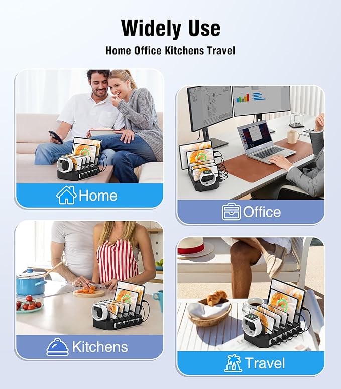Charging Station for Multiple Devices: 6 Port USB Charger Stations - Family Multi-Device Organizer Charging Dock - Safer Designed for iPhone iPad Android Cell Phone Tablet(6 Cables Included)