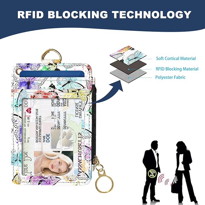Slim Wallet Credit Card Holder, Watercolor Butterfly, RFID Wallet Women Cute Small Front Pocket Wallet With Zipper, PU Leather Thin travel RFID Blocking Card Case ID Window,Ladies Gifts