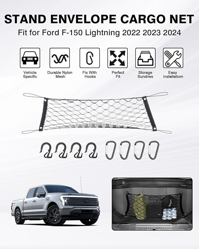 Karltys F150 Lightning Cargo Net for 2022-2025 2026 Ford F-150 Lightning Trunk Cargo Net, Stand Envelope Style Frunk Net for F-150 Lightning Accessories Elastic Nylon Mesh Netting with Metal Hooks