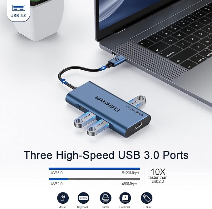 USB C Hub, QGeeM USB 4k to HDMI Adapter, 7 in 1 USB-C Dongle with 100W PD,USB 3.0, Card Reader, Compatible for MacBook iPhone 15/17 Ipad Pro max,Chromebook Laptop USB Type C Dock-Blue
