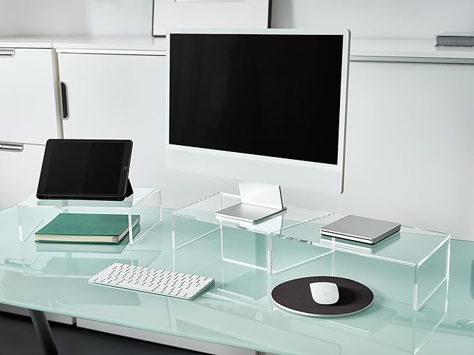 Red Co. Set of 3 Modern Clear Acrylic Desktop Computer Monitor Stands with Adjustable Length & Angle, 14.7” x 9” x 4”