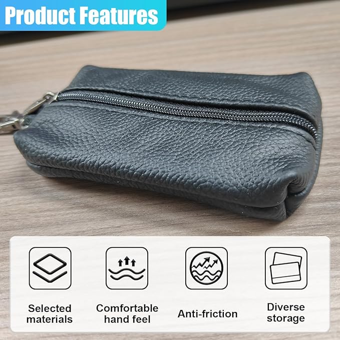Leather Car Key Case Holder, Auto Smart Key Fob Protector Pouch with Zipper, Universal Unisex Keychain Wallet (Black)