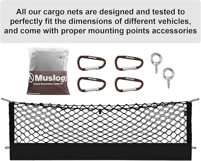 Muslogy Truck Bed Cargo Net Trunk Netting Compatible with Dodge Ram 1500 2019-2025 2026 Accessories, Pickup Cargo Organizer SUV Sedan Storage Net w/Heavy Duty Carabiners