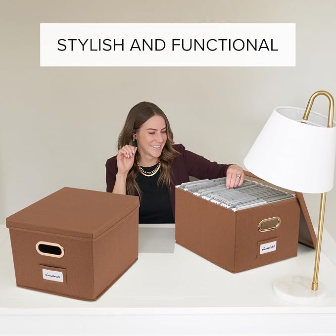 Decorative File Organizer Box Set of 2 - Collapsible Linen Filing Cabinets with Handles Are Perfect to Store All Your Documents & Hanging File Folders - Portable Easy Slide Office Crates with Lid