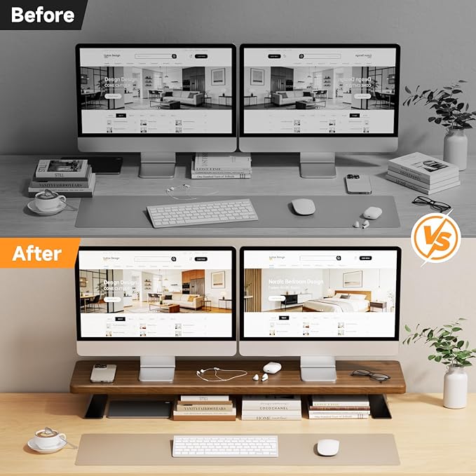 Dual Monitor Stand, 39 Inch Large Wood Monitor Stands for 2 Monitors