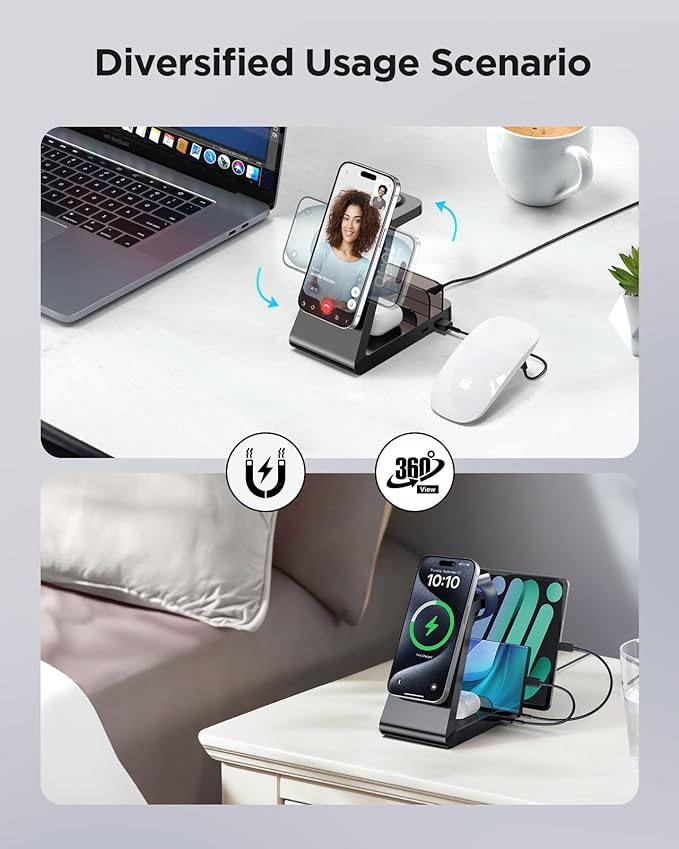 Charging Station for iPhone,5 in 1 Wireless Charger Stand Dock for Apple: Mag-Safe Charging Station for Multiple Devices Apple iPhone 17 16 15 14 13 12 Pro Max Plus iWatch Airpods