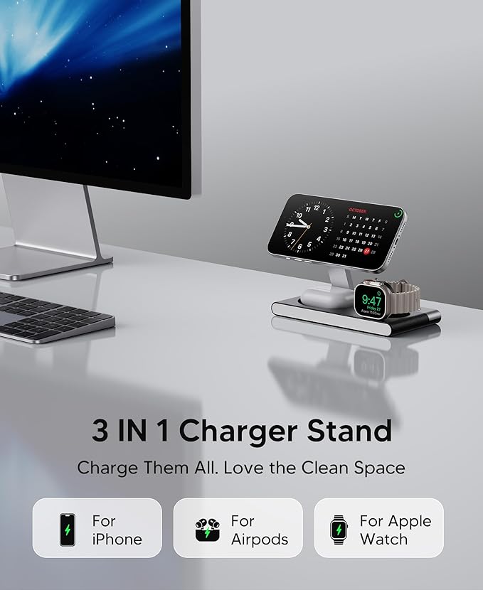 Foldable 3 in 1 Magnetic Wireless Charging Station for Apple Devices, Leather-Like Fast Wireless Charger Dock with Night Light for Magsafe iPhone 17/16/15/14, Apple Watch, AirPod,Gift for Men