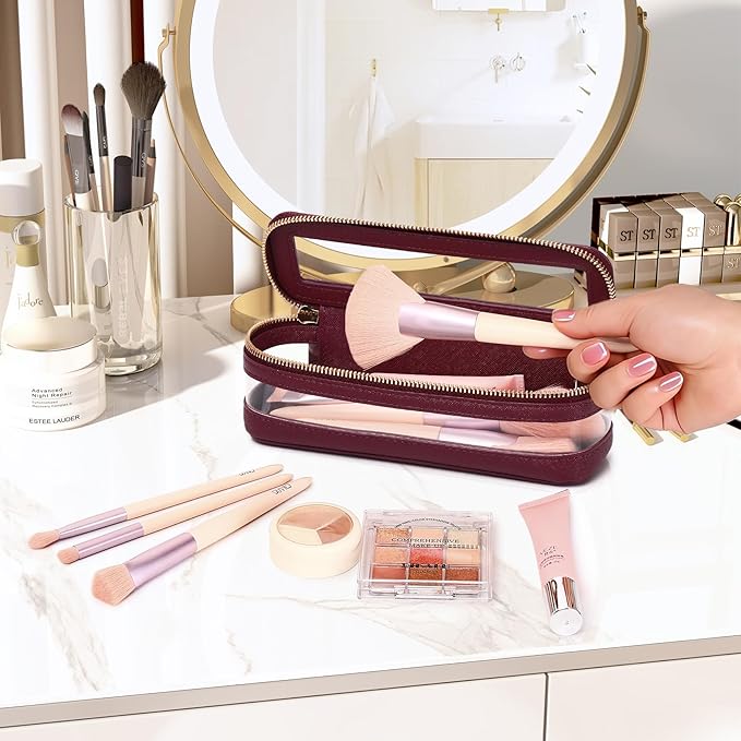 Pinkmik Makeup Brush Case Clear Travel Cosmetic & Toiletry Bag Slim Makeup Bag with Zipper Small Purse Organizer Car Essential for Women (X/Burgundy, SLIM)