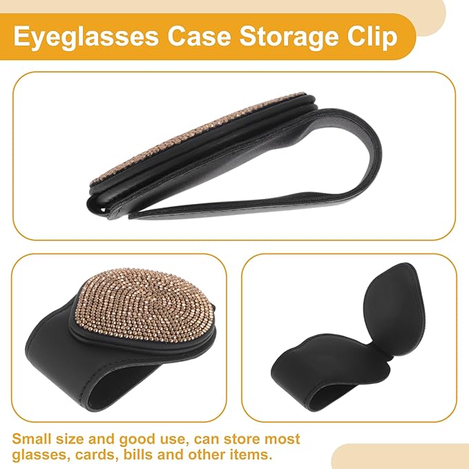 Car Sunglasses Clip Magnetic Universal Sun Visor Eyeglasses Holder Clip PU Leather, Rhinestone Black, Gold 6.5x9cm/2.56 "x3.54 1 Pcs
