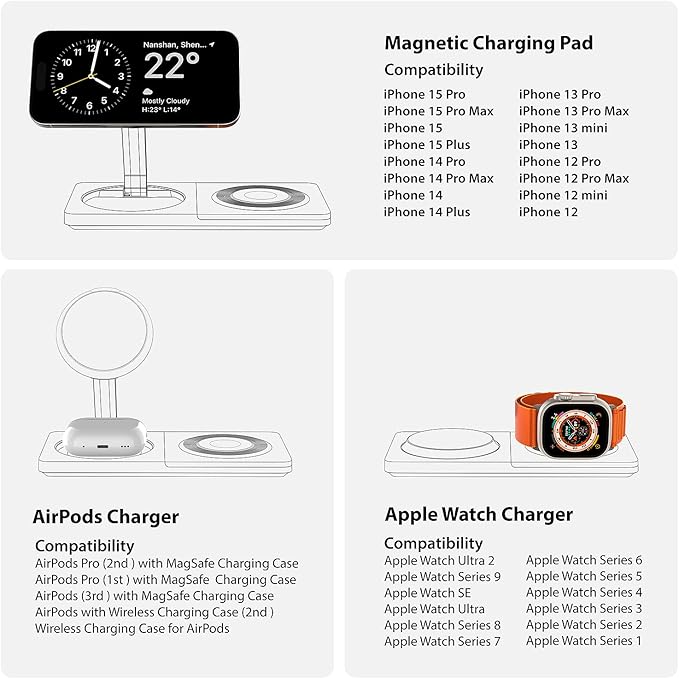 3 in 1 Charging Station for Apple Devices: Mag-Safe Charger Stand Fast Charging, Wireless Charger for iPhone 17 Air 16 15 14 13 12 Series, Apple Watch Series 1-9/Ultra, AirPods Pro (Black)
