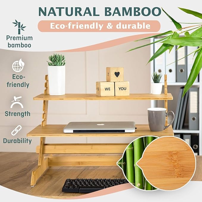Adjustable Standing Desk Riser 100% Natural Bamboo Desk Converter Monitor Stand - No Screws, Sets up in Under 1 Minutes - for Home or Office Use (19" High 26" Wide