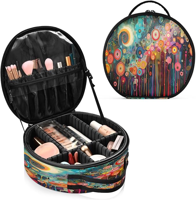 senya Round Cosmetic Pouch Travel Makeup Train Case Flower Drawing Makeup Organizer Bag with Adjustable Dividers Portable for Cosmetics Makeup Brushes Toiletry Jewelry Accessories